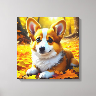 Toile Chien Chien Chien Chien Corgi Jouant dans les Feui