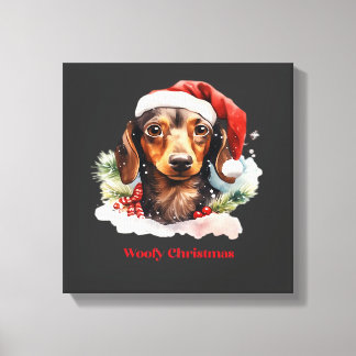 Toile Chien Daschund Noël Chapeau de Père Noël Lumière d