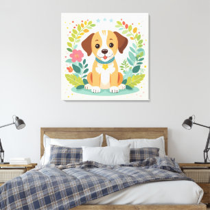 Toile Chien Mignon Et Fleurs Colorées Enfants