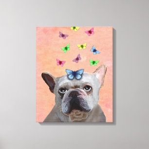 Toile Chien-taureaux et papillons français blancs