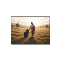 Chien Terre-Neuve marchant avec Jésus