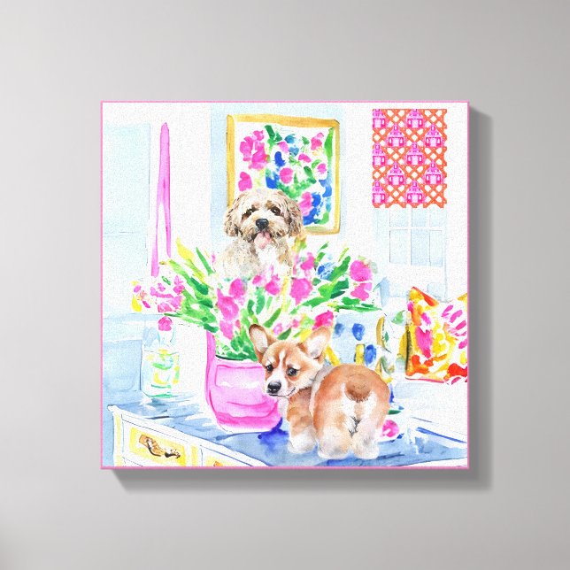 Toile Chiens et tas de tulipes à l'intérieur des préppy (Recto)
