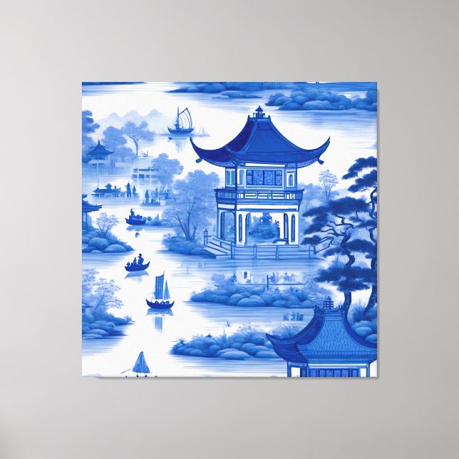 Toile Chinoiserie bleue et blanche avec pagodes et batea (Recto)