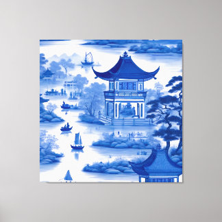 Toile Chinoiserie bleue et blanche avec pagodes et batea