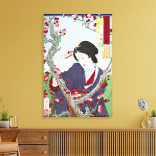 Toile Chinoiserie Dame japonaise et fleur de cerisier ro