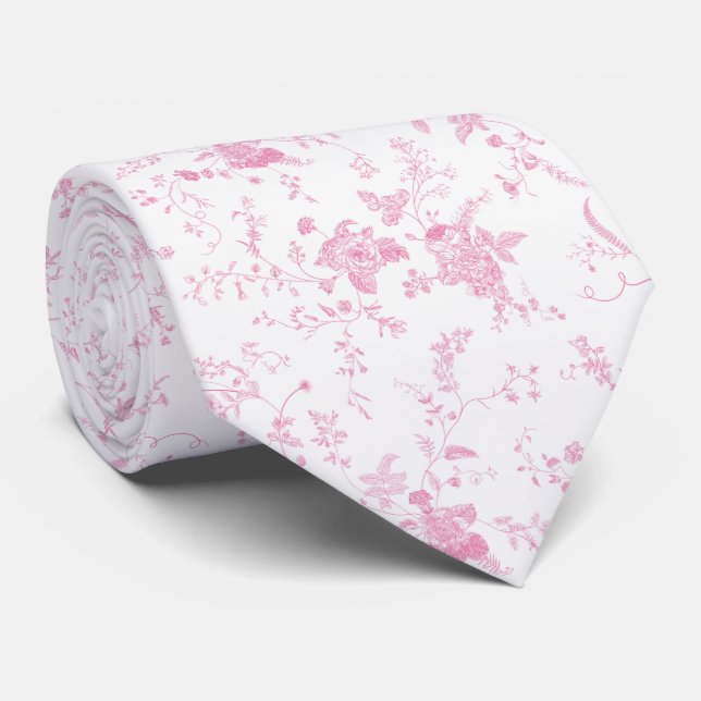 Toile Chinoiserie Vintage Pink Floral  Tie (Rolled)