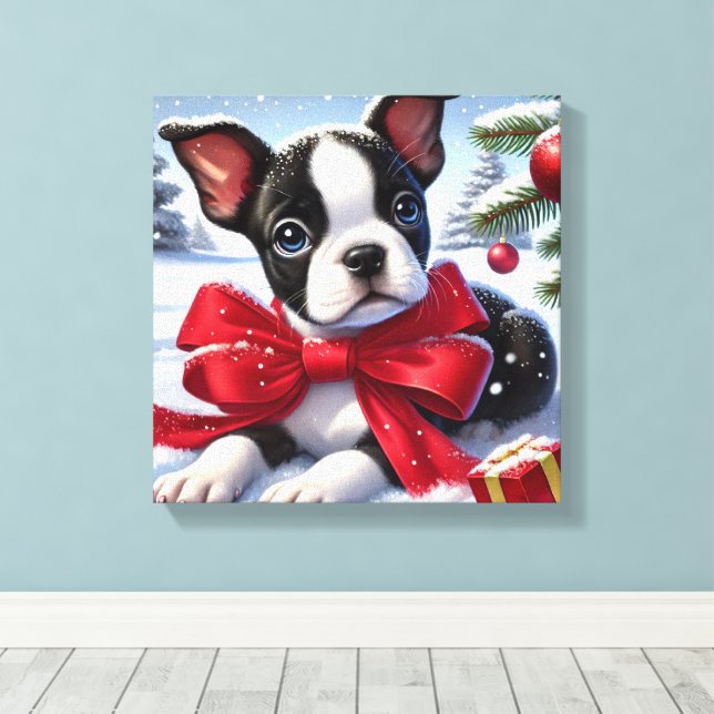 Toile Chiot avec Bow rouge sur la scène de Noël enneigée (Insitu (Plancher de Bois))