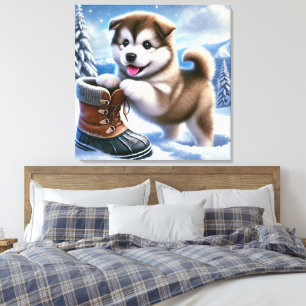 Toile Chou Husky Jouer dans le paysage hivernal enneigé