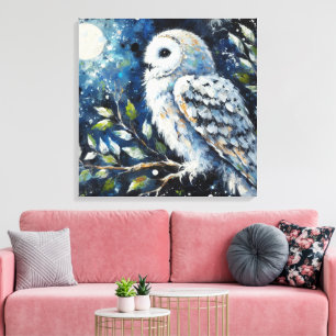 Toile Chouette blanche sur branche dans la peinture lune