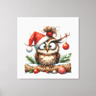 Toile Chouette de Noël mignonne portant un chapeau de sa