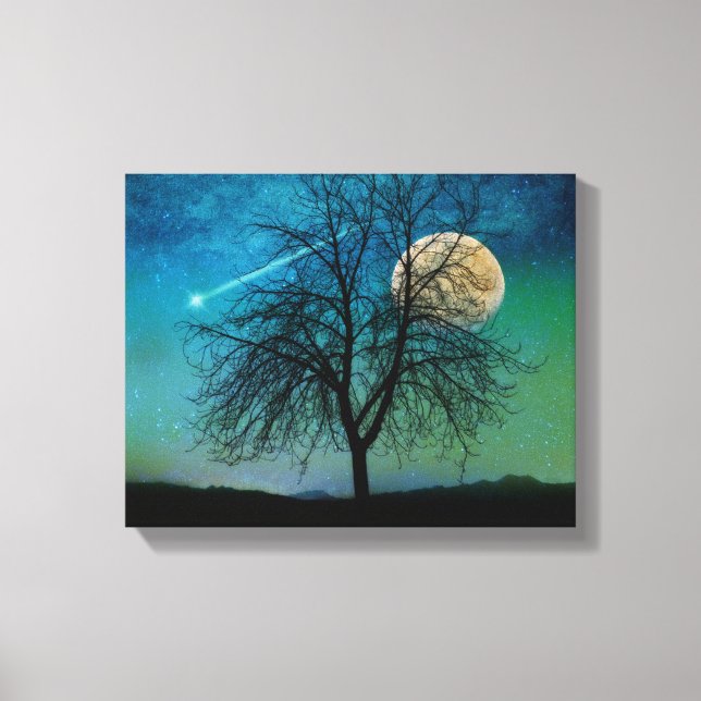 Toile Ciel Opalescent, arbre, lune de récolte, étoile fi (Recto)