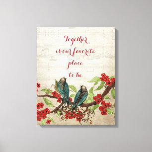 Toile Citation à motif floral oiseaux sarcelle vintage r