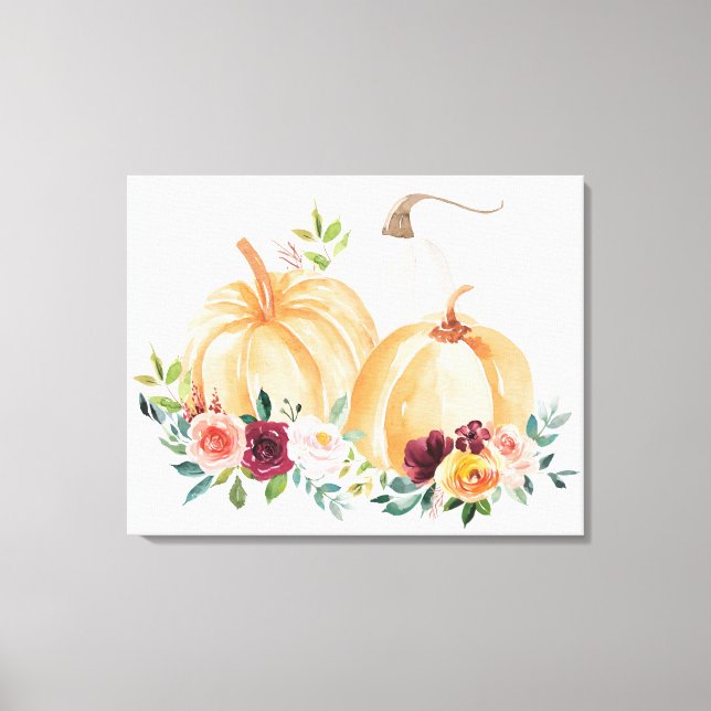Toile Citrouilles de chute d'aquarelle et fleurs de saum (Recto)