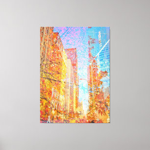 Toile Cityscape avec feuilles d'automne superposées Abst