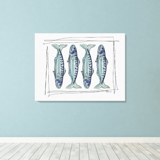 Toile Coastal Blue Mackerel Seamless Ocean Fish Pattern (Insitu (Plancher de Bois))