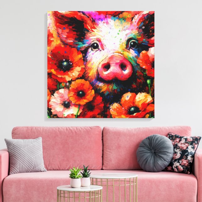Toile Cochon impressionniste dans les fleurs de coquelic (Insitu(Salon))