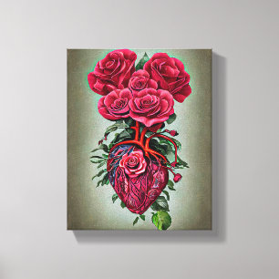 Toile Coeur humain avec fleurs de rose rouge surreal art