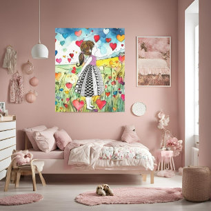 Toile Coeurs aquarelle et petite fille