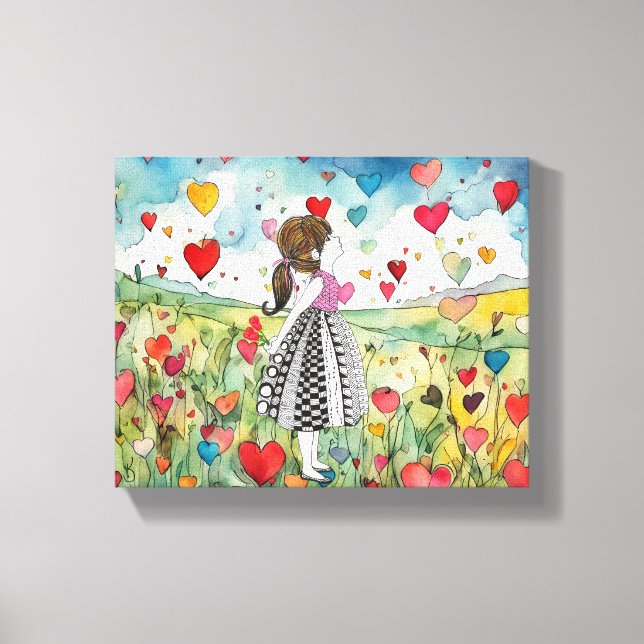 Toile Coeurs aquarelle et petite fille (Recto)