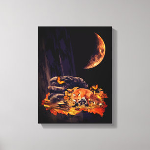 Toile Collage faunique avec renard, hérisson et lune d'a