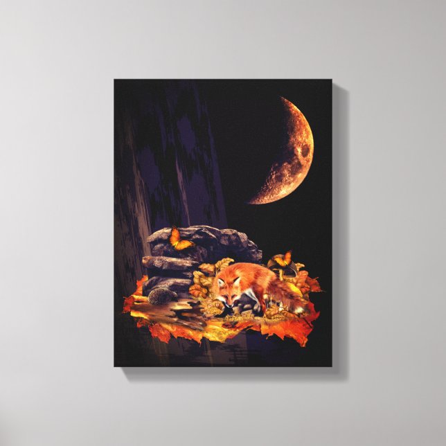 Toile Collage faunique avec renard, hérisson et lune d'a (Recto)