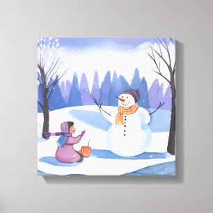 Toile Construisons un Bonhomme de Neige Peinture d'Hiv