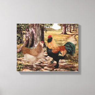 Toile Coq et poule saumonés de Faverolle dans