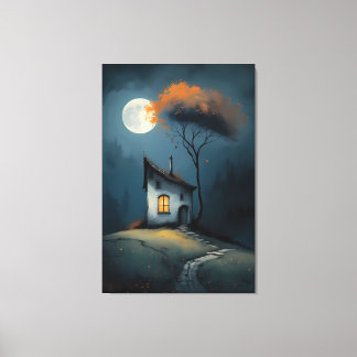 Toile Cottage au Clair de Lune sous l'Arbre d'Automne