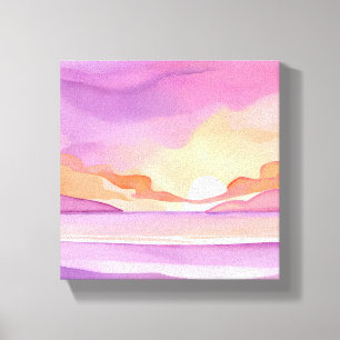 Toile Coucher de soleil aquarelle rose   Beau ciel océan
