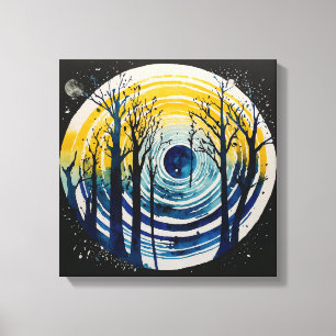Toile Coucher de soleil bleu jaune forêt Aquarelle mur a