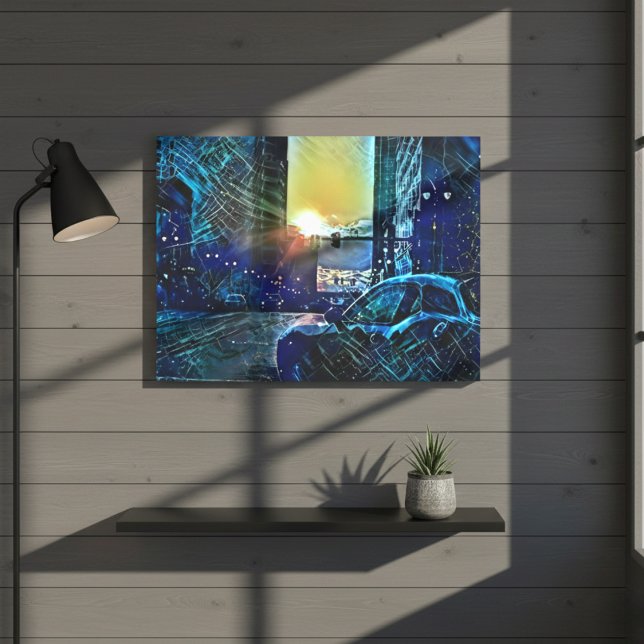 Toile Coucher de soleil de Détroit - Vibes de ville élec (Blue Pulse Detroit Sunset – Electric City Vibes Canvas Print)