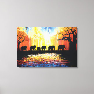 Toile Coucher de soleil et éléphants africains - peintur