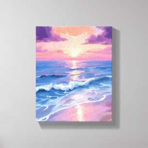 Toile Coucher de soleil lavande violet plage océan aquar