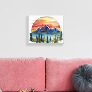 Toile Coucher de soleil montagne aquarelle Horizon Doré