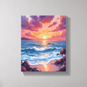 Toile Coucher de soleil océanique aquarelle plage côtièr
