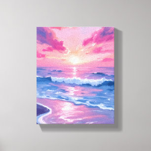 Toile Coucher de soleil océanique rose vague aquarelle