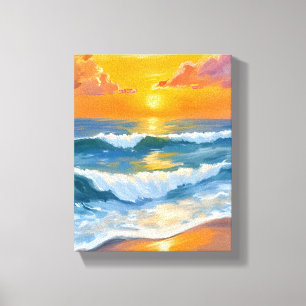 Toile Coucher de soleil orange sur la mer Aquarelle Vagu