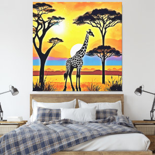 Toile Coucher de soleil safari : étreinte de la girafe