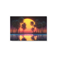 Coucher de soleil sur la grille de palmiers au néo