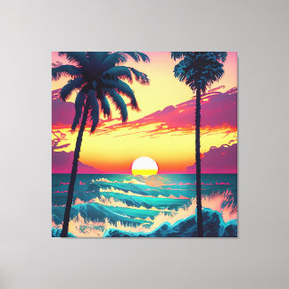Toile Coucher de soleil sur la plage avec Palmiers Peint