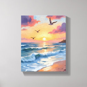 Toile Coucher de soleil sur les vagues de l'océan Pein