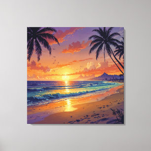 Toile Coucher de soleil sur une plage tropicale - Illust