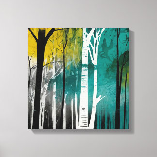 Toile Coucher de soleil turquoise forêt Aquarelle mur ar