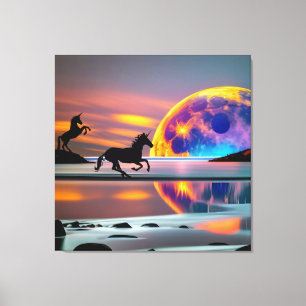 Toile Coucher de soleil violet, licornes, Pleine lune su
