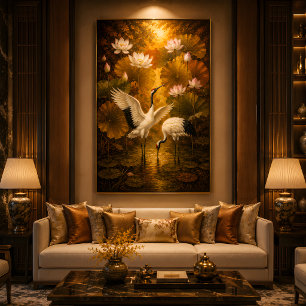 Toile Couple de grues au coucher de soleil Lotus Peintur