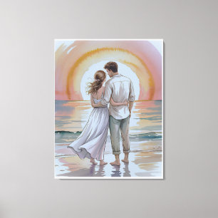 Toile Couple sur la plage au coucher du soleil