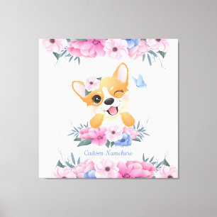 Toile Couronne de fleurs de chien Corgi mignon Papillon