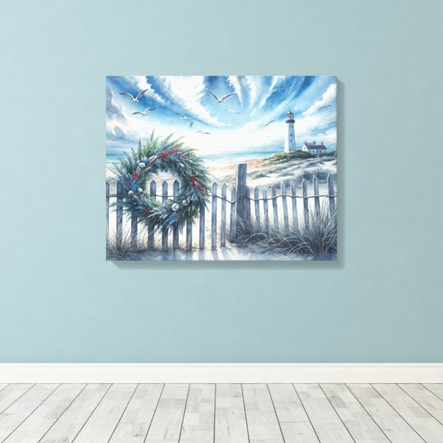 Toile Couronne de Noël sur une clôture de plage (Insitu (Plancher de Bois))