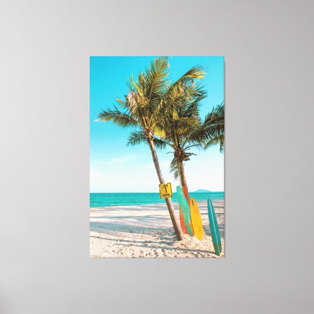 Toile Coussin jetable planches de surf sur la plage (Recto)