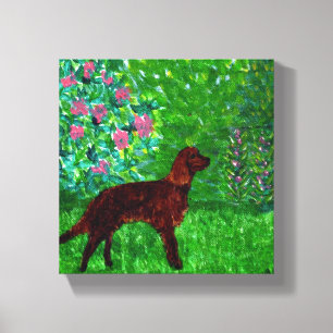 Toile Coussin rouge dans un jardin Peinture de chien de